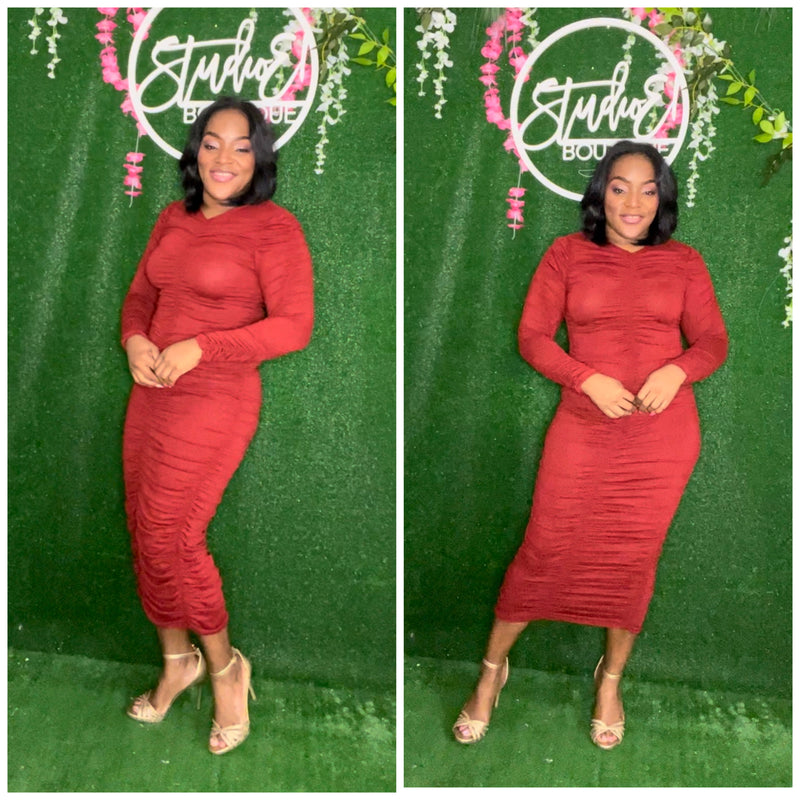 Red Ruched MIDI Dress